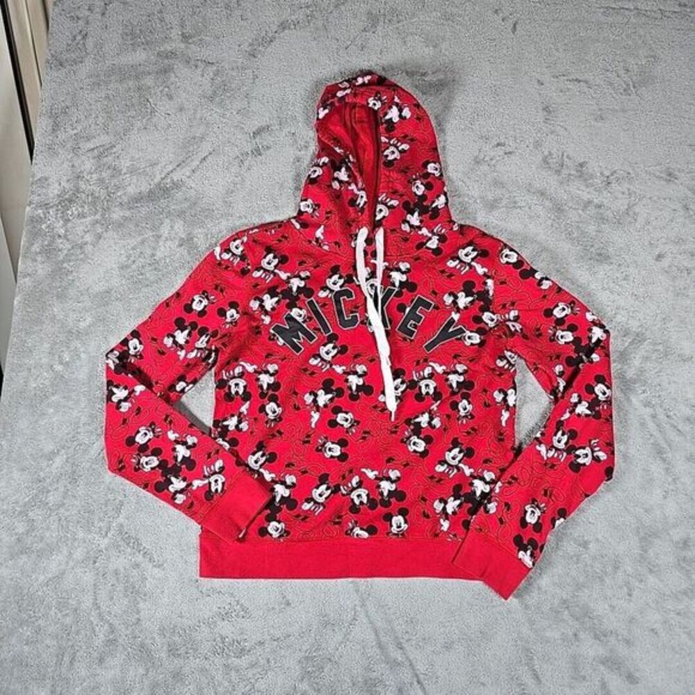Disney Mickey Mouse Sweatshirt Womens Medium Red All-Over Print Hooded Casual